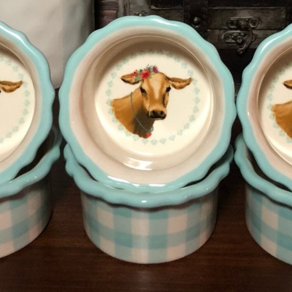 Set of 6 Pioneer Woman Brown Cow Ramekin Blue Gingham 4" Stoneware Farmhouse New